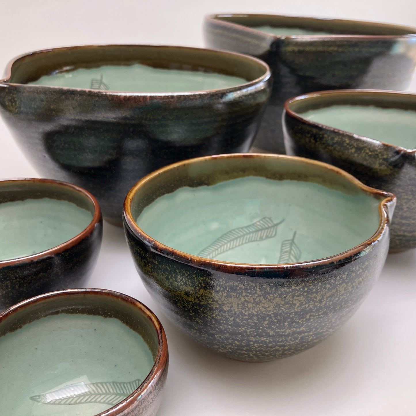 Six Piece Nesting Set of Bowls (Decorated with Feathers)