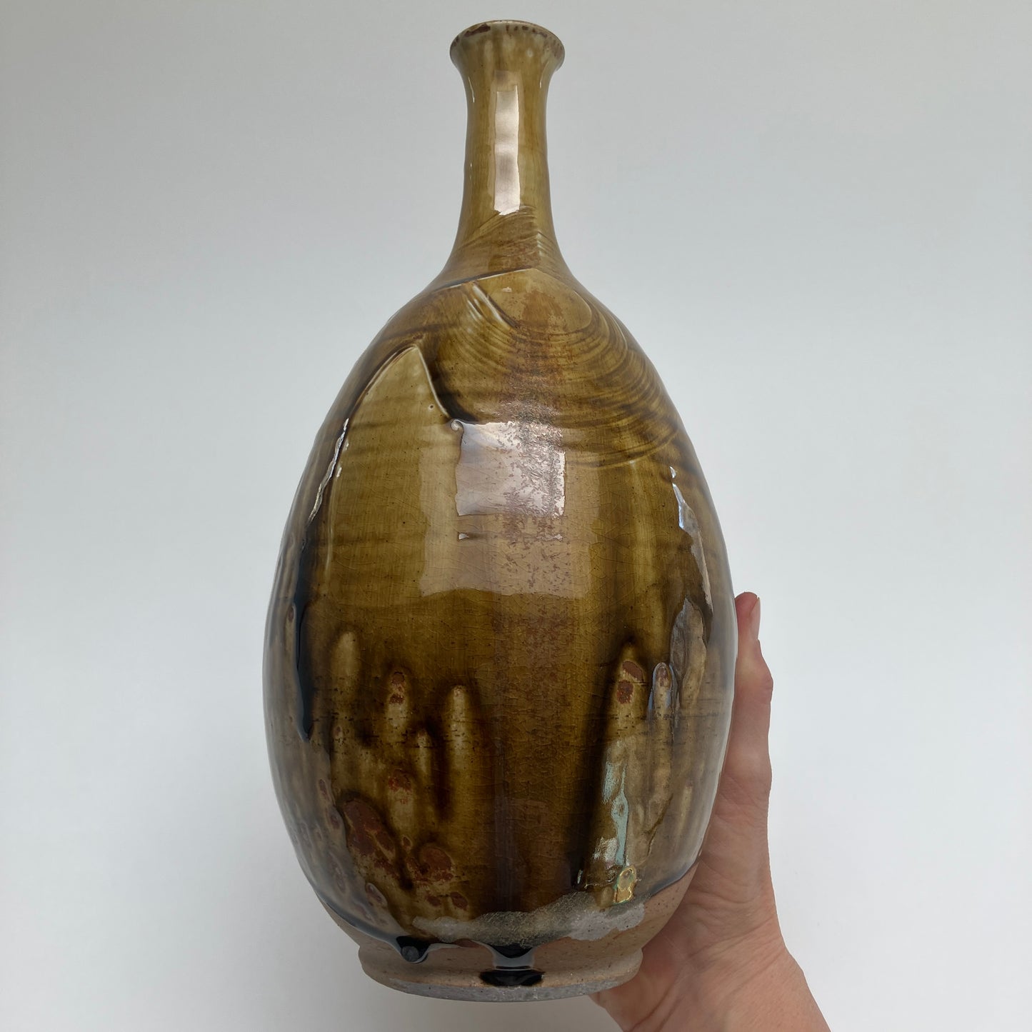 Tall Vase with Amber Ash Glaze and Brushed Slip