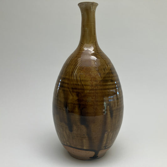Tall Vase with Amber Ash Glaze and Brushed Slip